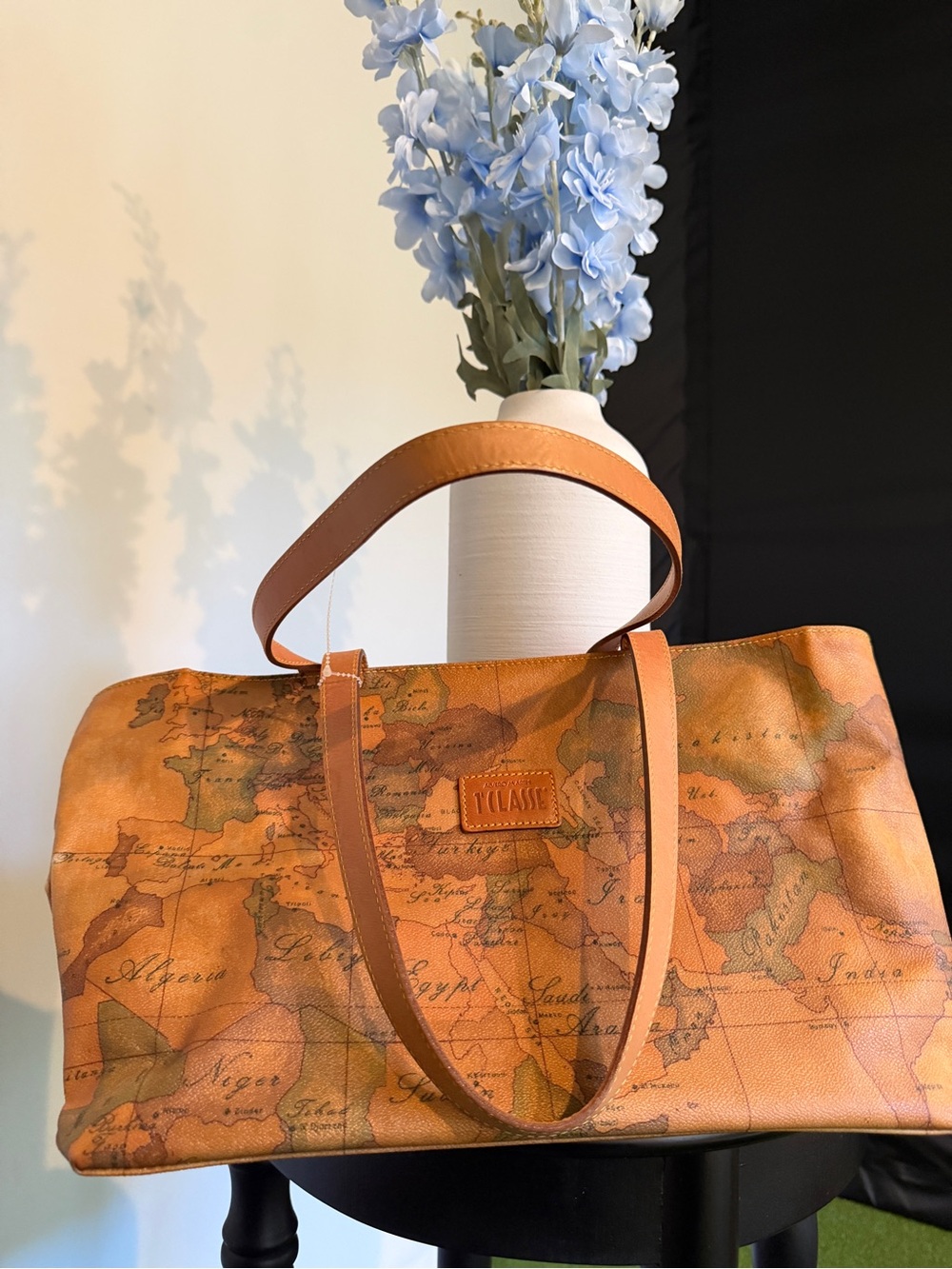 Alviero Martini Cognac Map-Print Leather-Trim Tote